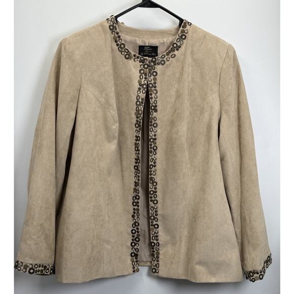 Trenz by Theresa Renz Jackets & Blazers - Trenz Woman by Theresa Renz 1X Faux Suede Embellished Jacket Tan Bronze Beads